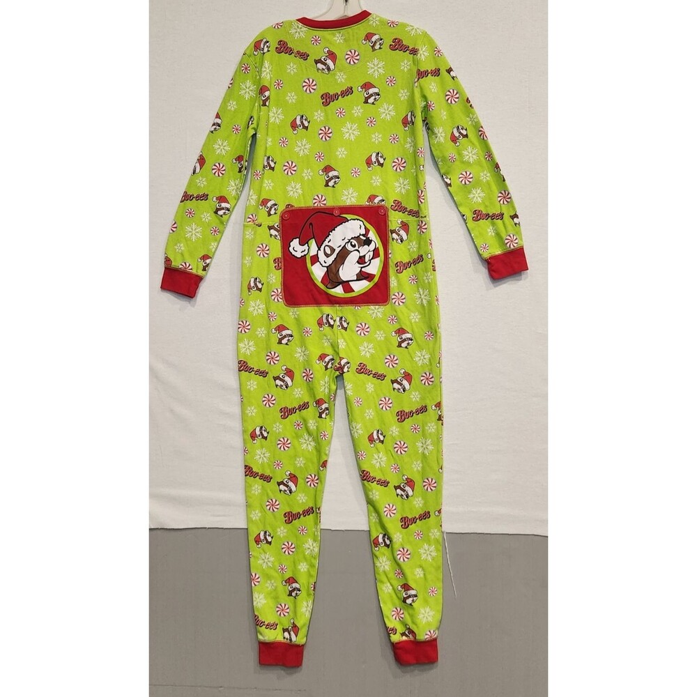 Buc-ees Holiday Beaver One Piece Pajama Faux Butt Flap Green Peppermint